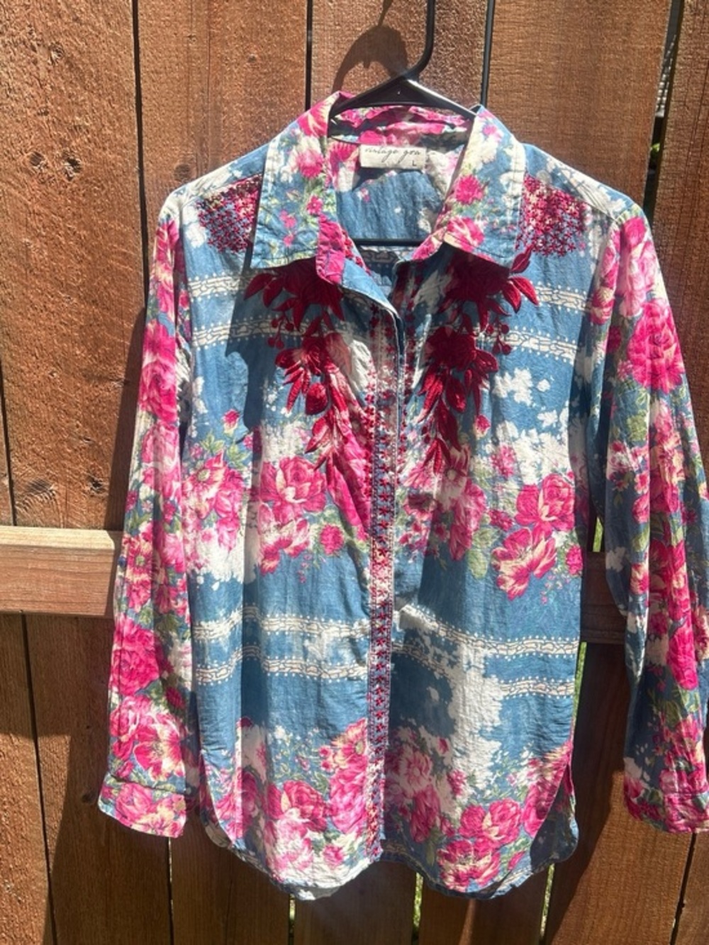 Vintage Goa Floral Button Down Boho Blue Red Top Size Large